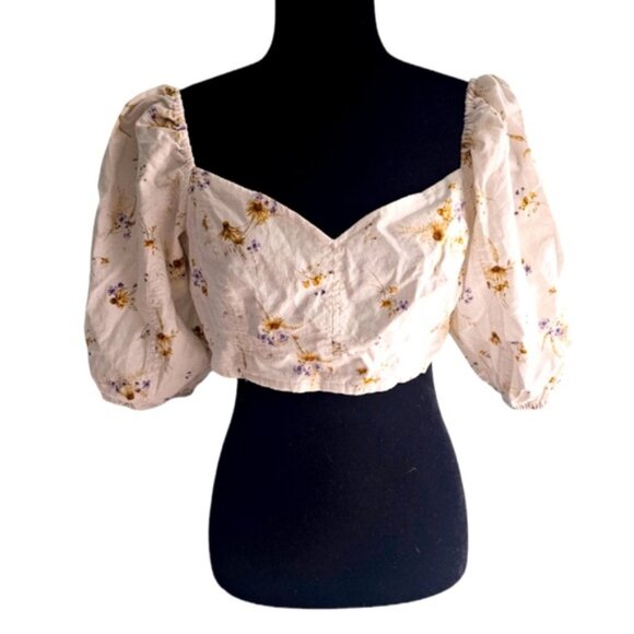 HM Linen Blend Smocked Puff Sleeve Crop Floral Btier Large - Picture 2 of 4